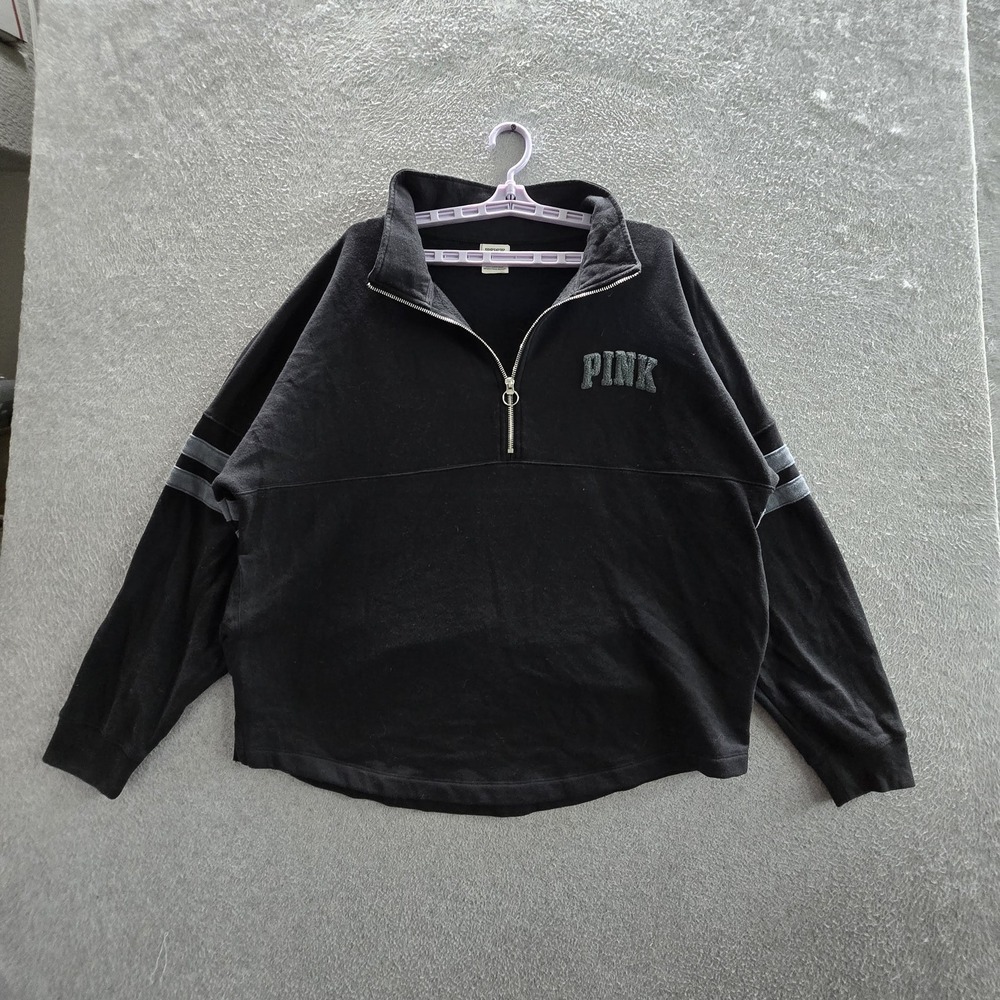 PINK Victoria's Secret Women Sweatshirt Black Embroidered Fleece Number Spellout